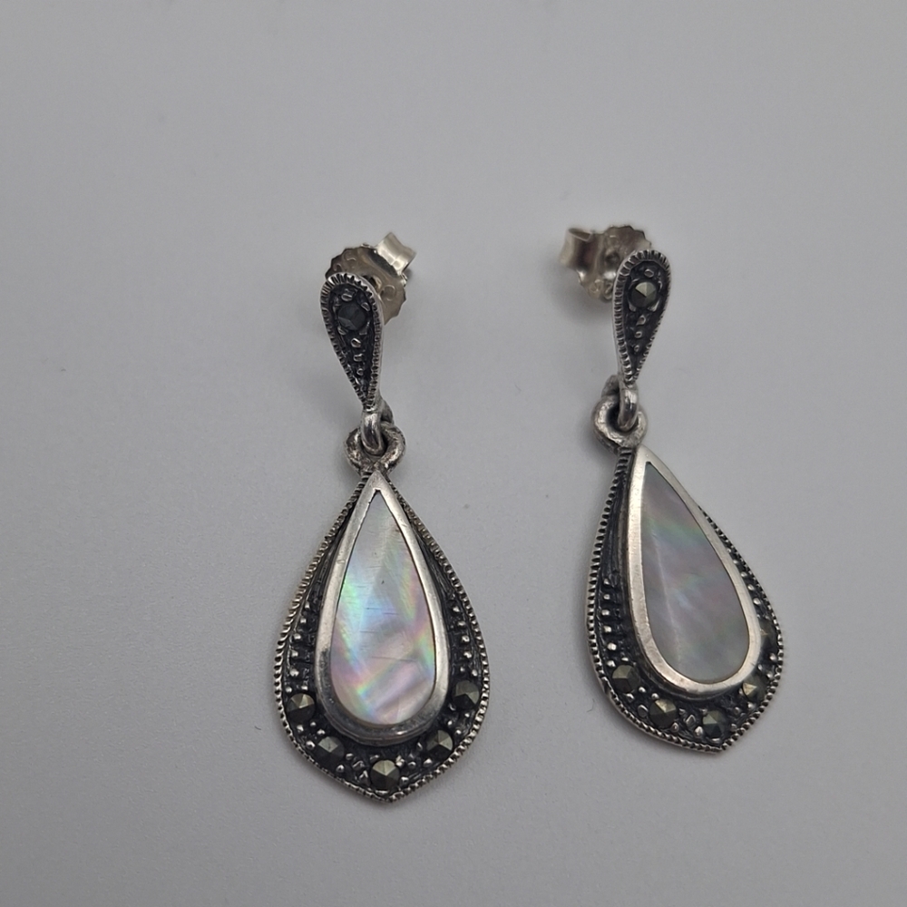 Vtg Sterling Silver 925 Abalone Marcasite Post Back Dangle Earrings 4.84g - Picture 5 of 8
